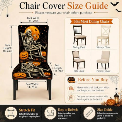 Set of 4 Halloween Skeleton Chair Covers - Stretch Milk Silk Fabric, Fall Decor