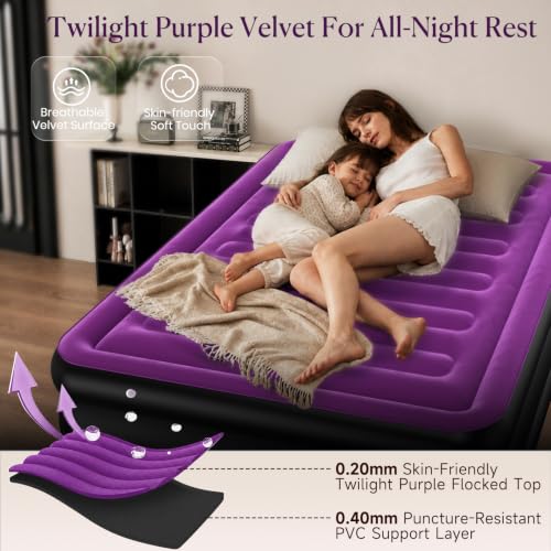 Full Air Mattress with Built-In Pump - 18 Inch Raised Support, Purple Flocked Surface