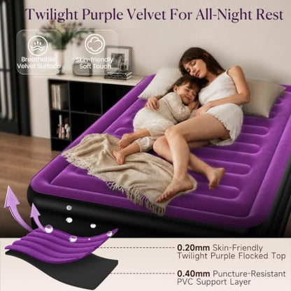 Full Air Mattress with Built-In Pump - 18 Inch Raised Support, Purple Flocked Surface