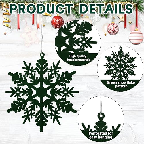36pcs Dark Green Flocked Christmas Snowflake Ornaments - Hanging Velvet Holiday Decor - Variation: Green