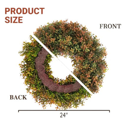 Boxwood Fall Wreath for Front Door - 24in Artificial Autumn Decor, Farmhouse Outdoor Seasonal Decoration