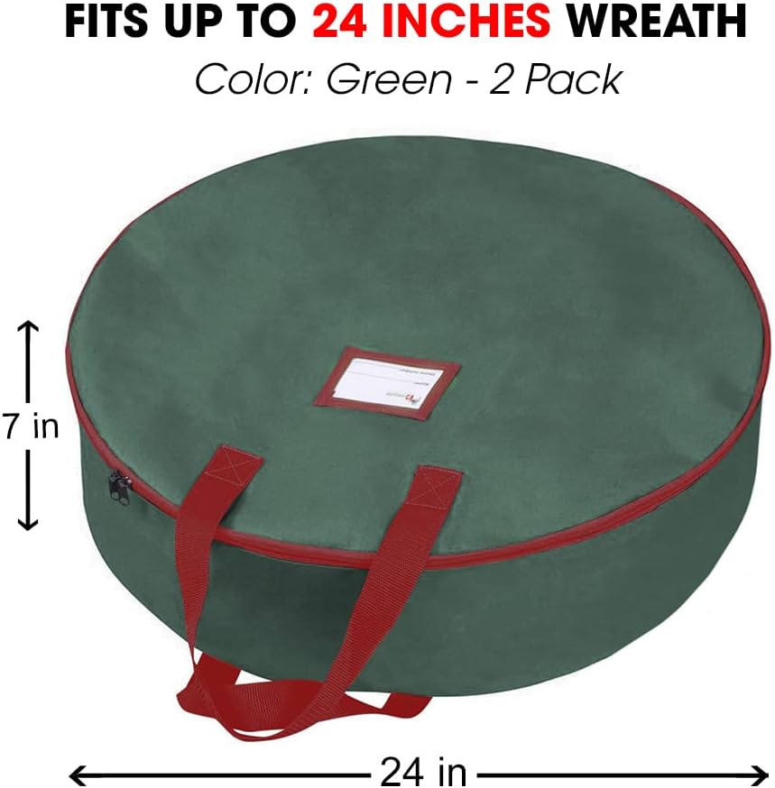 Primode Christmas Wreath Storage Bag - 24" Artificial Wreath Container with Dual Zipper & Sturdy Handles | 2-Pack, Green