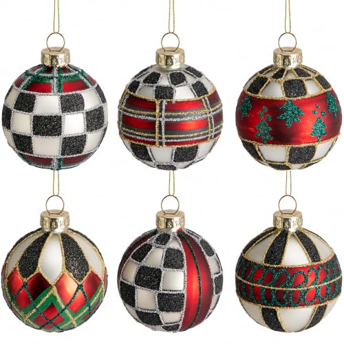 6 Pcs Christmas Buffalo Plaid Glass Hanging Ornaments - Red Green Black White