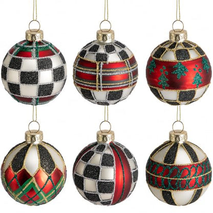6 Pcs Christmas Buffalo Plaid Glass Hanging Ornaments - Red Green Black White