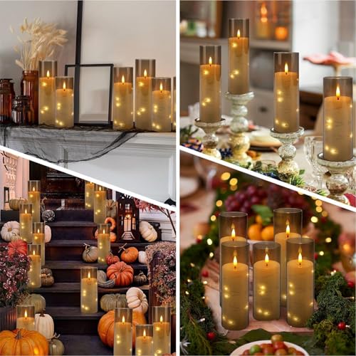 Grey Flickering Flameless Candles Set of 12 with Remote - Realistic Moving Wick