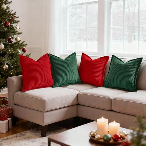 Christmas Green Corduroy Throw Pillow Covers 26x26 Set of 2 - Soft & Luxurious