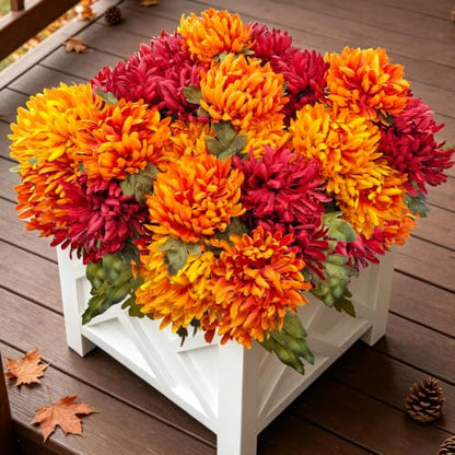 Fall Artificial Mums Flowers - 2 Bundles, 14 Heads, Orange Red