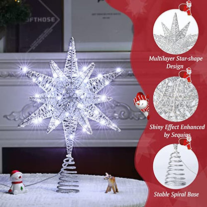 A-Silver 15-Inch Lighted 3D Moravian Star Christmas Tree Topper - Silver