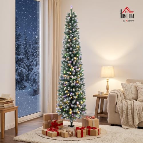 6ft Prelit Christmas Tree with Dual-Color Lights, Flocked Green-White, Narrow