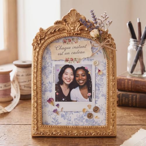 Mini Vintage Bulletin Board with Floral Fabric - Gold Arched Picture Frame for Wall & Desktop