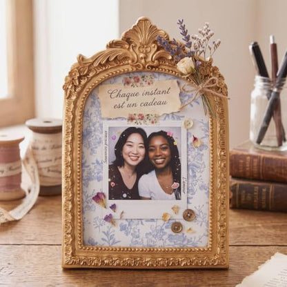Mini Vintage Bulletin Board with Floral Fabric - Gold Arched Picture Frame for Wall & Desktop