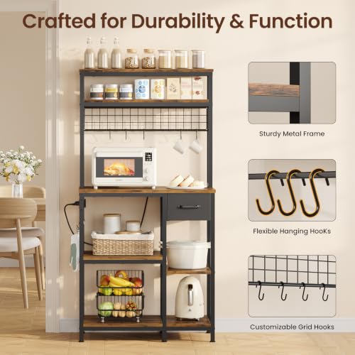 30 Inch Kitchen Bakers Rack with Power Outlet & LED Light - Rustic Brown, 6-Tier Microwave Stand with Drawer & Hooks