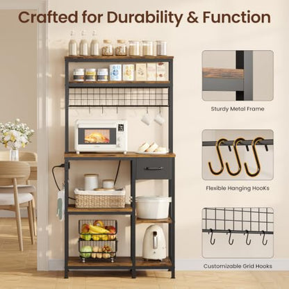 30 Inch Kitchen Bakers Rack with Power Outlet & LED Light - Rustic Brown, 6-Tier Microwave Stand with Drawer & Hooks