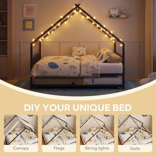 Full Daybed with Trundle House Style Black Metal Frame for Bedroom