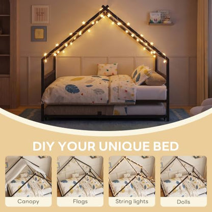 Full Daybed with Trundle House Style Black Metal Frame for Bedroom