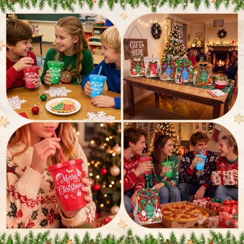 Christmas Plastic Tumblers 16oz Bulk Set with Gift Boxes & Ribbons - 24 Pack
