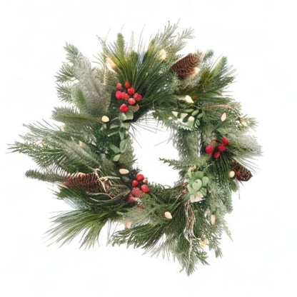 18-Inch Pre-lit Christmas Wreath with Battery-Operated LED Lights, Flocked Branches — Indoor & Outdoor Decor
