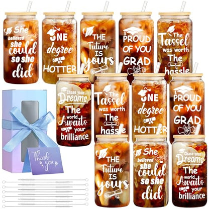12-Pack Graduation Gift Glass Cups with Lids - 16 oz Commemorative Drinkware