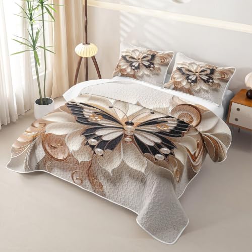 Queen Size Butterfly Print Quilt Set - White Black, 90x90 Inches