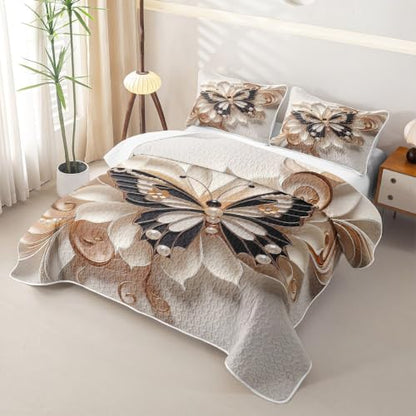 Queen Size Butterfly Print Quilt Set - White Black, 90x90 Inches