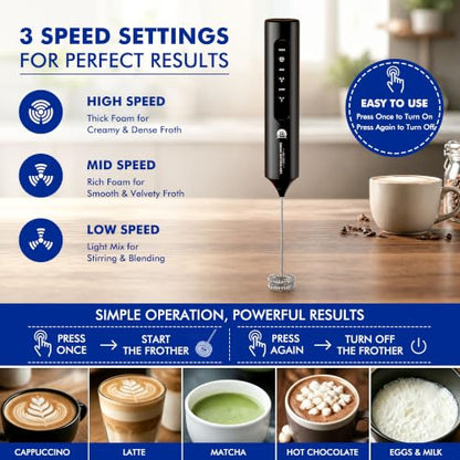 Black Rechargeable Milk Frother with Stand and 4 Whisks – Handheld Mixer for Lattes, Matcha, Eggs & Shakes