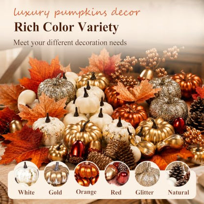 Fall Pumpkin Decor Set with Gold, Silver, White Artificial Pumpkins & Autumn Accessories - 52 Pieces