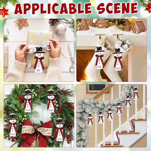 12Pcs Christmas Snowman Ornaments Set - Wooden Holiday Tree Decorations with Plaid Scarves - Farmhouse Winter Decor