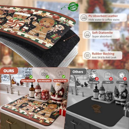 Christmas Dish Drying Mat Gingerbread Candy Cane 12x20 Inch - Holiday Kitchen Decor
