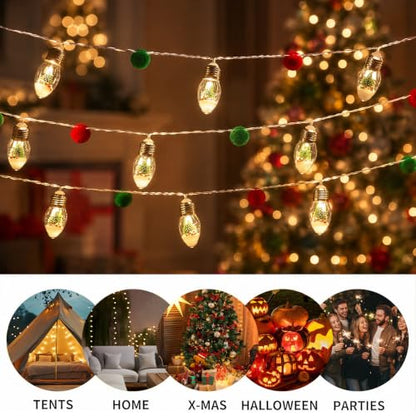 Warm White 6.6FT Christmas Snow Globe String Lights with Ornaments - Indoor/Outdoor Decor