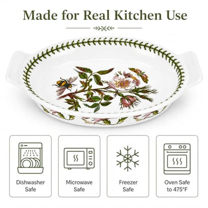 Portmeirion Botanic Garden Small Oval Gratin Dish Dog Rose Porcelain Bakeware