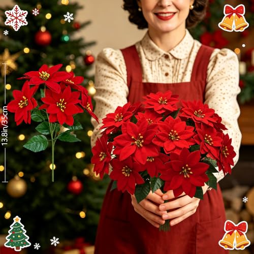Artificial Red Poinsettia Flowers - Realistic Holiday Christmas Decor - 6PCS
