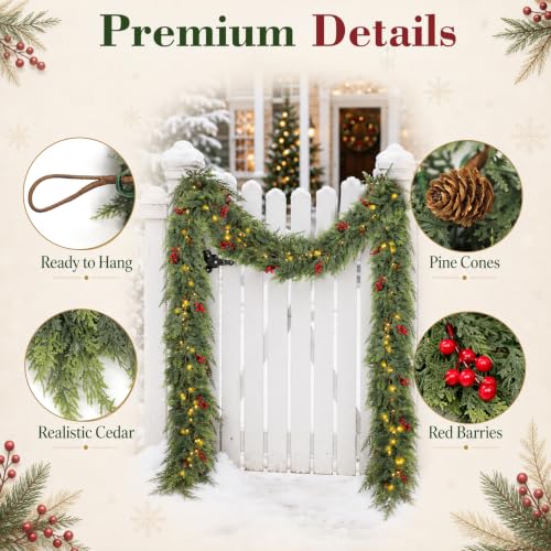 6FT Prelit Lush Cedar Artificial Christmas Garland Real Touch Faux Greenery