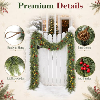 6FT Prelit Lush Cedar Artificial Christmas Garland Real Touch Faux Greenery