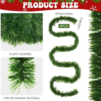 6 Pack 300 Ft Christmas Garland Green Soft Faux Pine Wreath Decoration
