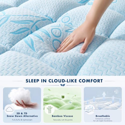 Blue Queen Size Mattress Topper - Extra Thick Pillow Top Cooling Bed Pad