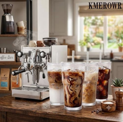 4 Pack 20oz Ribbed Glass Iced Coffee Cups with Lids & Straws - Clear