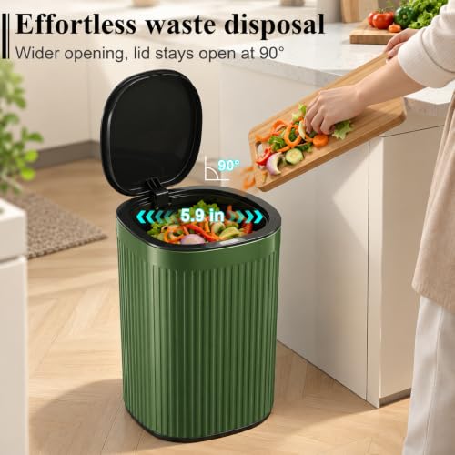 Small Green Bathroom Trash Can with Lid 2.1 Gallon - Press-to-Open, Odor & Pet Control