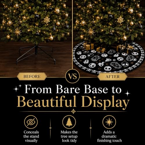 Gothic Christmas Tree Skirt 48 Inch Round Skull Face Black Holiday Decor