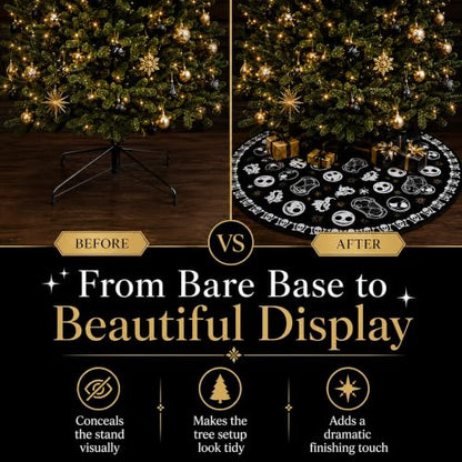 Gothic Christmas Tree Skirt 48 Inch Round Skull Face Black Holiday Decor