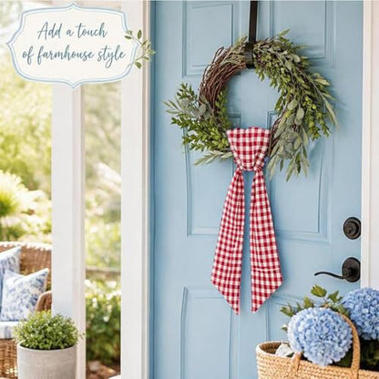Red-White Gingham Wreath Sash for Front Door - Patriotic & Decorative
