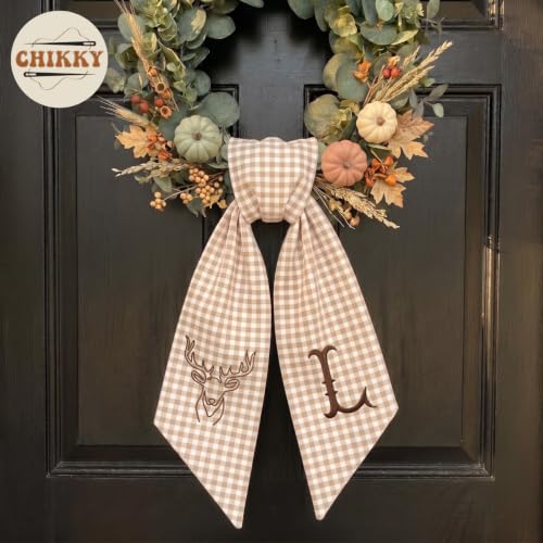 Fall Wreath Sash for Front Door Decor - Monogram Embroidered Pumpkin Linen Ribbon - F01