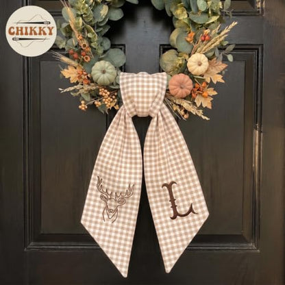 Fall Wreath Sash for Front Door Decor - Monogram Embroidered Pumpkin Linen Ribbon - F01
