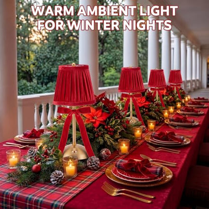 Red Christmas Cordless Table Lamp with Velvet Finish - Rechargeable, Dimmable, Portable Decor - 2 Pack
