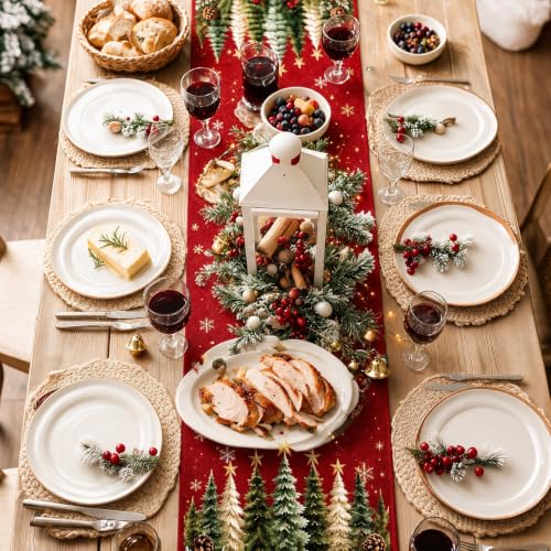 Christmas Table Runner Burgundy Red Tree Design for Holiday Dining