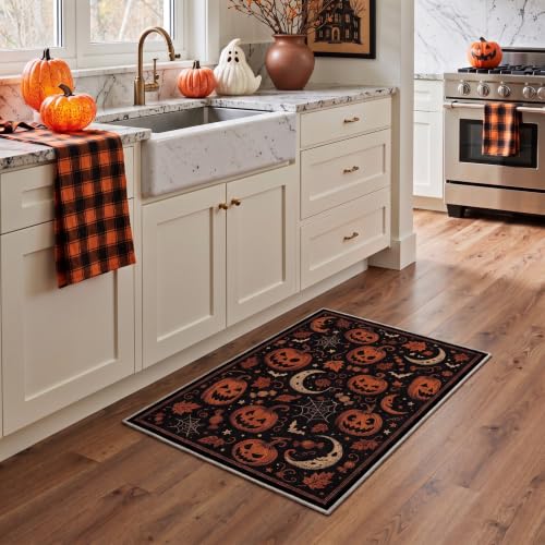 Halloween Rug Pumpkin Moon Non-Slip Indoor Welcome Mat - Midnight Orange 2x6 ft