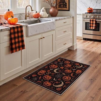 Halloween Rug Pumpkin Moon Non-Slip Indoor Welcome Mat - Midnight Orange 2x6 ft