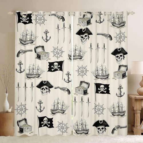Blackout Nautical Curtain Set - Ocean Themed Thermal Insulated Drapes for Bedroom & Living Room, 2 Panels 42 x 84 Inch, Light Beige & Black