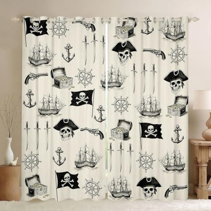 Blackout Nautical Curtain Set - Ocean Themed Thermal Insulated Drapes for Bedroom & Living Room, 2 Panels 42 x 84 Inch, Light Beige & Black