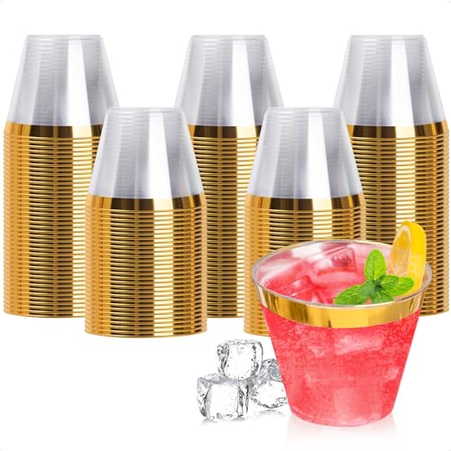 Gold Plastic Cups 9oz Disposable Party Cups - 200 Pack, Gold Rim