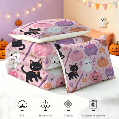 Pink Halloween Bedding Set 3-Piece Comforter & Pillowcases for Girls - Ghost & Cat Design, Full Variation